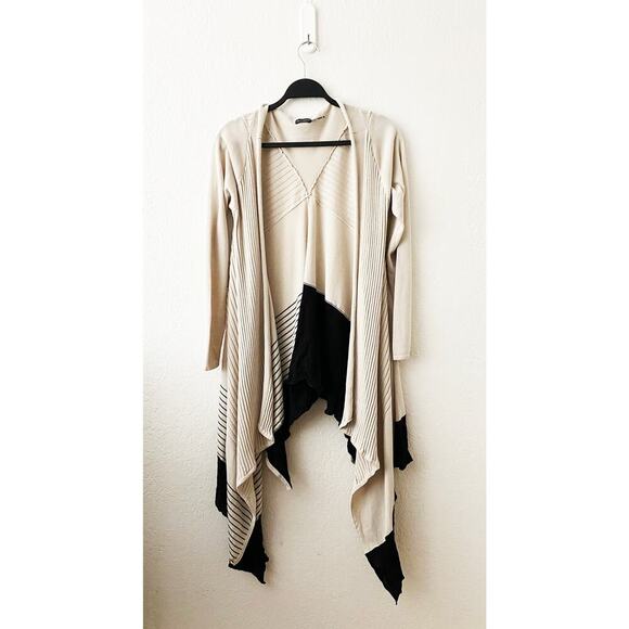 Stella Carakasi Women's Open Front Waterfall Asymmetrical Beige Black Sweater XS - Picture 1 of 8